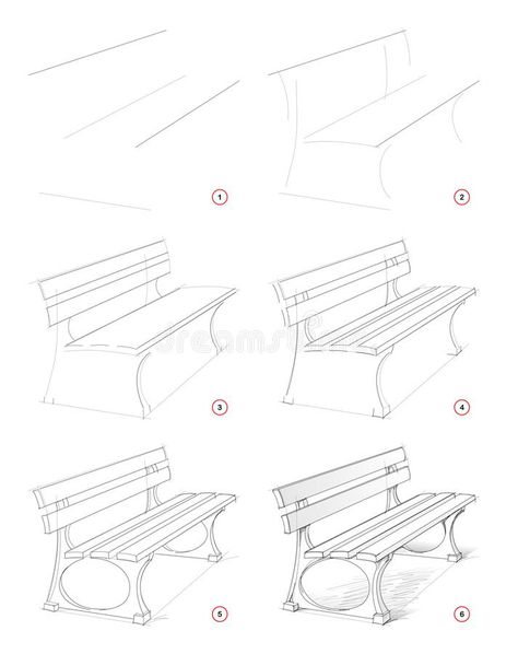 How to draw step by step sketch of imaginary bench in the park. Creation pencil drawing. Educational page for artists. Textbook for developing artistic skills stock illustration How To Draw Scenery Step By Step, Bench Drawing Simple, Draw Trees Step By Step, Simple Architecture Drawing, Hands Step By Step, Bench In The Park, Step By Step Sketches, House Design Drawing, Basic Sketching