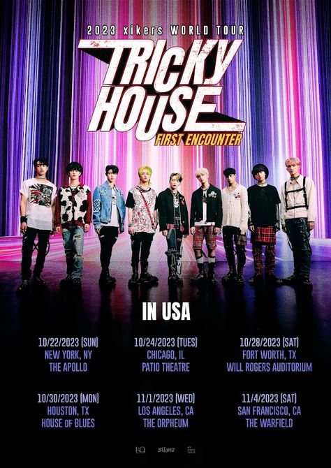 Super K-pop rookie boy group xikers is heading stateside as part of their very first U.S. tour, 2023 xikers WORLD TOUR TRICKY HOUSE : FIRST ENCOUNTER IN USA. The United States leg of the tour will be held in six cities, starting their journey in New York and ending in San Francisco. Fans can anticipate all shows to be packed full of charismatic performances with powerful choreography. The 10-member boy group under KQ Entertainment has already grasped the attention of the globa... Angeles, Do Or Die, Kpop Whisper, Through Time And Space, First Encounter, Will And Grace, K Pop Star, Europe Tours, Dance Performance