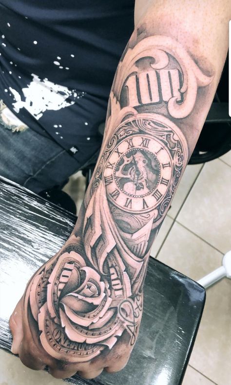 Time is Money ....best tattoo Time Is Money Tattoo, Money Tattoos, Traditional Chicano Tattoos, Money Rose Tattoo, Lettrage Chicano, Dollar Tattoo, Tattoos Masculinas, Art Chicano, Gangsta Tattoos
