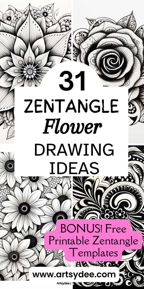 Explore 31 Zentangle Flowers for Your Sketchbook Art Inspiration! Enhance your artistic journey with a stunning array of floral zentangle designs. Ignite your creativity and find inspiration for your sketchbook art. These zentangle flowers, from intricate petals to mesmerizing patterns, will breathe life into your artwork. Immerse yourself in the beauty of zentangle floral art and ignite your imagination today! Don't forget to grab the bonus free zentangle flower templates. Mandalas, Intricate Drawing Ideas, Zen Doodle Flowers, Zentangle Patterns Flower, Unique Zentangle Drawings, Random Patterns Drawing, Step By Step Zentangle, Zentangle Animals Art, Floral Zentangle