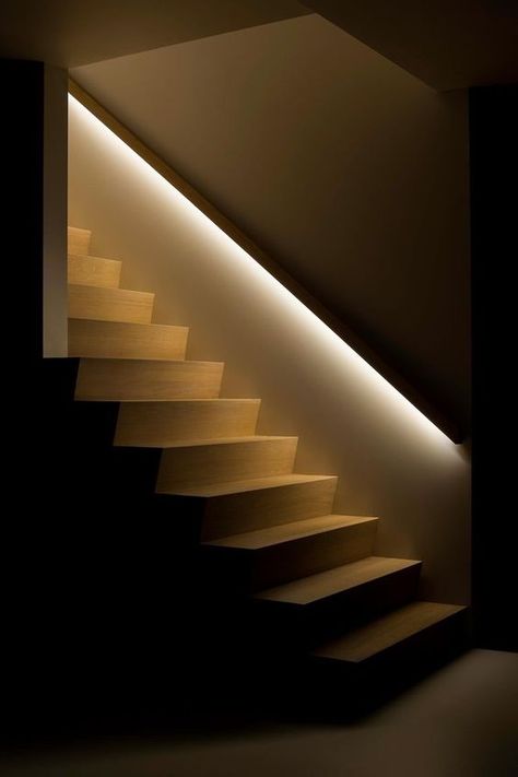 LED strip lighting to highlight the railing will let you see your stairs even in the dark Staircase Lighting Ideas, Stairs Lighting, درج السلم, Stairway Lighting, Stair Lights, Staircase Remodel, Staircase Lighting, Stair Lighting, Basement Stairs