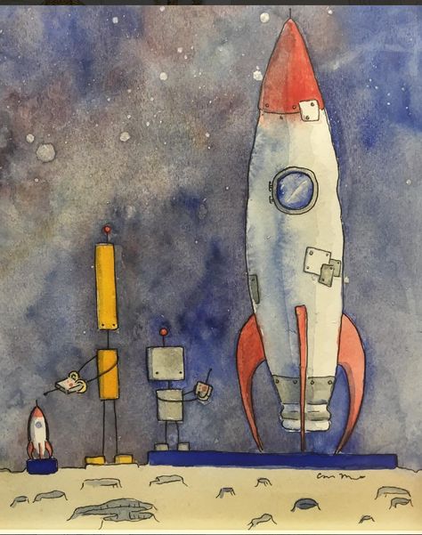 Water Color of two robots playing with some Rocket Ships in Space Painted Rocket Ship, Rocketship Illustration, Spaceship Watercolor, Rocket Watercolor, Rocket Ship Painting, Rocket Ship Drawing, Rocket Painting, Astronaut Watercolor, Rocket Drawing