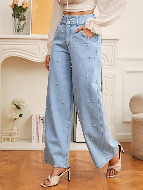 Light Wash  Collar  Denim Plain Wide Leg Embellished Non-Stretch  Women Clothing Pearls Jeans, Jeans With Pearls, Denim 2024, Beaded Jeans, Pearl Jeans, Women Trousers Design, Unique Jeans, Trousers Design, Rhinestone Jeans