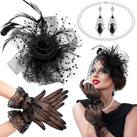 PRICES MAY VARY. Elegant Set: the flapper girl accessories set includes 1 piece of 20s flapper hat, 1 pair of elegant vintage earrings, 1 pair of delicate bow lace gloves and 1 piece of faux freshwater pearl necklace, plentiful and nice combination can fit well for cocktail parties, tea parties and more Add Charm: handcrafted and crafted with mesh and delicate feathers, this flapper head piece can exude elegance and sophistication, adding a touch of grace to your outfits; Rest assured, it won't 1920s Accessories, Flapper Accessories, Tea Party Outfits, 20s Flapper, Flapper Hat, Banquet Dresses, Flapper Girl, Girl Accessories, Feather Headband