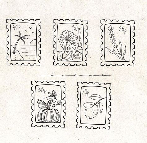 Croquis, Nature Tattoo Flash Sheet, Post Stamp Tattoo Small, Stamps Tattoo Ideas, Stamp Tattoo Minimalist, Minimalist Stamp Tattoo, Postcode Tattoo, Post Card Tattoo Ideas, Letter Stamp Tattoo