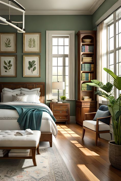 Bedroom Interior Styles, Colorful Bedroom Interior Design, Book In Bedroom, Bookcase In Master, Traditional Bedroom Inspirations, Benjamin Moore Paint Palette Color Combinations, Green Cozy Bedroom Ideas, Traditional Bedroom Design Ideas, Green Bedroom Traditional