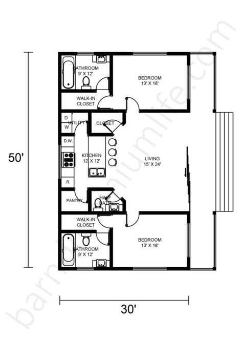 2 Bed 2 Bath House, Practical House, Spacious House, 2 Bedroom House Plans, Small House Floor Plans, Barndominium Floor Plans, Tiny House Floor Plans, 2 Bedroom House, Bedroom Floor Plans