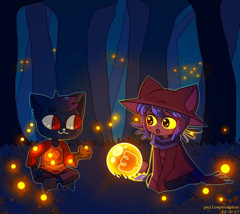 Games Crossover - NiTW x Oneshot Mae and Niko by yellophosphor Croquis, Kawaii, Game Crossovers, Niko Oneshot, Cat Noises, The Woods, Night In The Wood, Sun Photo, Rpg Horror Games