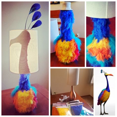 My version of a Kevin lamp ♡ inspired by thealabamawife. Kevin is made from a tear drop lamp, a fraction of the feathers pictured at the bottom...a few feathers go a loooong way. Dont buy a ton of bags like I did! Hot glue gun, black cardstock for the silhouette and some modgepodge to glue it in place. Voila a snipe! Disney Lamp Diy, Disney Up Decor, Kevin From Up, Disney Lamp, Casa Disney, Lamp Inspired, Weird Furniture, Disney Rooms, Reupholster Furniture