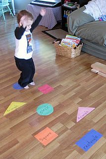 Large Motor Shapes & Colors Game, make big cut outs of shapes and jump to them or toss bean bags on them Patchwork, Toddler Gross Motor Activities, Playground Activities, Shapes For Toddlers, Physical Theatre, Gross Motor Activity, Shape Games, Shapes Preschool, Gross Motor Activities