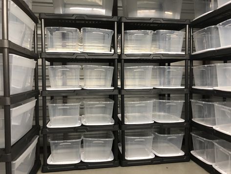 A storage unit organized with bins and shelving. Storage Unit Shelving, Clothes Warehouse Storage, Organisation, Inventory Storage Home Business Space, Clothing Storage Shelves, Boutique Back Room Storage, Shirt Business Storage, Retail Storage Organization, Clothing Warehouse Organization