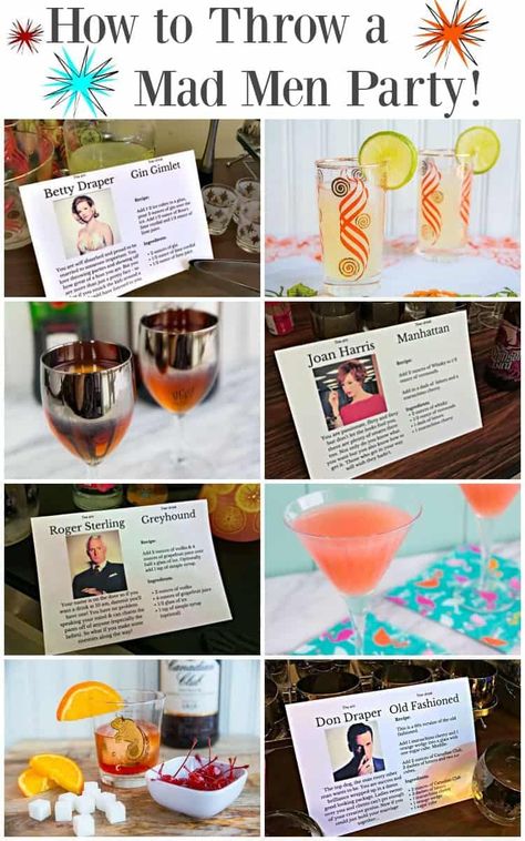 Mad Men Party Decorations, Mad Men Party Theme, Madmen Party, Cocktail Snacks, Men Cocktail, 60's Party, Gin Gimlet, 1950's Party, Mad Men Party