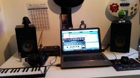 Another shot of my humble recording setup. Recording Setup, Bass Guitar Chords, Game Websites, Cyberpunk Style, Music Labels, Studio Ideas, Guitar Chords, Home Studio, Electronic Products