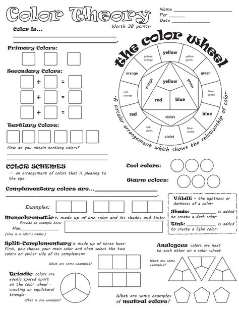 20 Color theory Worksheet Answers | Free Worksheets Color Theory Worksheet, Color Wheel Worksheet, Elements Of Art Color, Classe D'art, Color Theory Art, Art Handouts, Art Education Lessons, 6th Grade Art, The Color Wheel