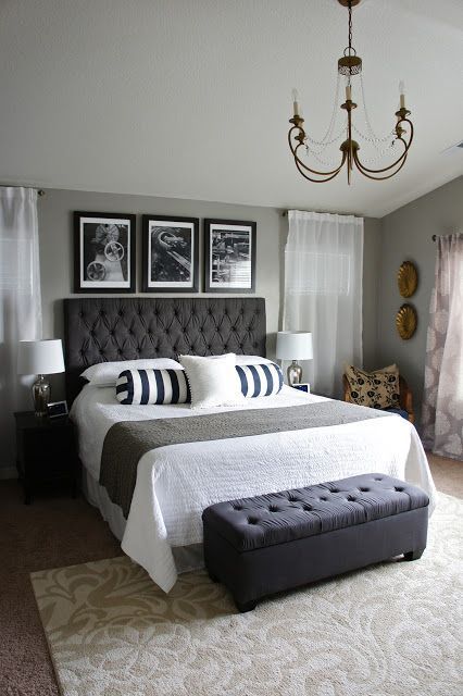 Top 10 bedroom pins on Pinterest – SheKnows Black Bedroom Furniture, Bedroom Decor For Couples, Kids Bedroom Design, Relaxing Bedroom, Dark Furniture, Style Loft, Couple Bedroom, Bedroom Paint Colors, Gray Bedroom