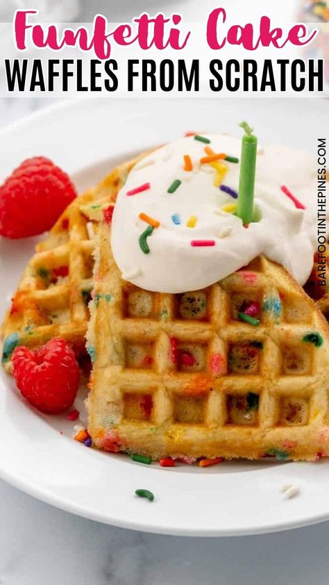 Birthday Cake Waffles, Funfetti Waffles, Waffle Recipe From Scratch, Waffles From Scratch, Funfetti Birthday Cake, Cake Waffles, Best Waffle Recipe, Funfetti Birthday, Birthday Breakfast Party