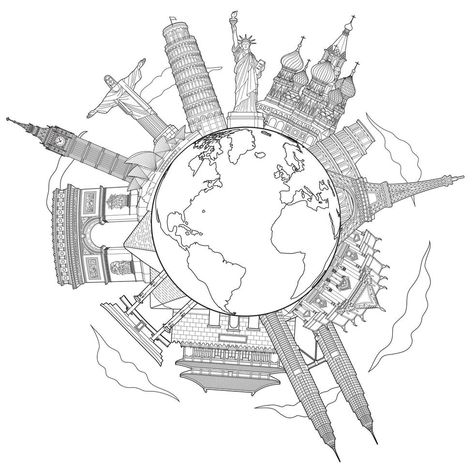 Earth Sketch, Travel Doodles, Arte Doodle, Landmarks Art, Doodle Vector, Business Icons Vector, Art Drawing Sketch, Vaporwave Art, Earth Pictures