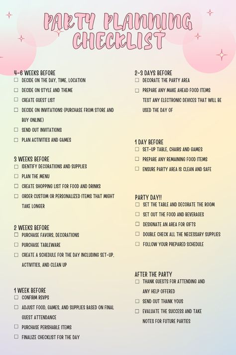 Checklist Birthday Party, Planning Birthday Party Checklist, 18th Birthday Planning Checklist, 1st Birthday Party Planning Checklist, Organisation, Surprise Party Checklist, Debut Planning Checklist, Checklist For Party Planning, Sweet Sixteen Planning Checklist