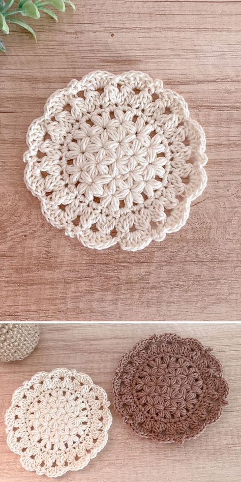 Free Crochet Coasters Patterns for Beginners- Pattern Center Quick And Cute Crochet Projects, Crochet Coasters And Holder, Crochet Pot Coaster, Crochet Coaster Square, Cottage Style Crochet, Small Green Crochet Projects, Square Coasters Crochet, Crochet Projects With Buttons, Korean Crochet Pattern
