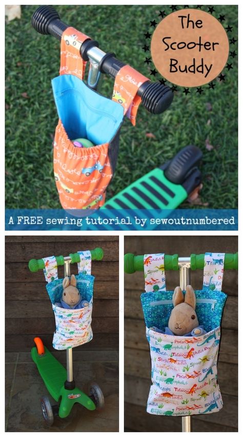 DIY Scooter Buddy Free Sewing Pattern & Tutorial Tela, Scooter Hanging Ideas, Scooter Buddy Pattern, Sewing Projects Camping, Scooter Bag Pattern, Scooter Bag Pattern Free Sewing, Kid Friendly Sewing Projects, Boys Sewing Projects, Toddler Sewing Projects