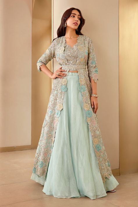 Shop for Osaa by Adarsh Blue Tissue Floral Embroidered Jacket Lehenga Set for Women Online at Aza Fashions Chevron Embroidery, Open Skirt, Flared Lehenga, Jacket Lehenga, Ridhi Mehra, Simple Lehenga, Organza Lehenga, Floral Lehenga, Organza Gowns