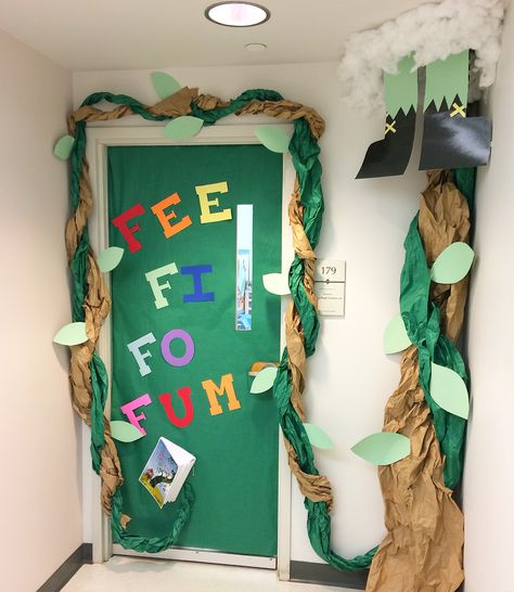 Jack and the Beanstalk Door Jack And The Beanstalk Door Decoration, Jack And The Beanstalk Bulletin Board, Jack And The Beanstalk Decorations, Nursery Rhyme Bulletin Boards, World Book Day Door Display, Eyfs Fairytales, Imagination Activities, Preschool Doors, World Book Day Ideas