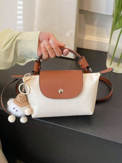 Two Tone Square Bag With Bag Charm Mini Purse Aesthetic, Mini Longchamp Bag, Longchamp Bag Outfit, Long Champ Bag, Polene Bag, Longchamp Mini, Purse Aesthetic, Pretty Tote Bags, Leather Bag Design