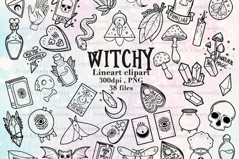 Crystal Flash Art, Witchy Clip Art, Witch Flash Tattoo, Witch Lineart, Horror Doodles, Gothic Flash Tattoo, Gothic Doodles, Witchy Doodles, Witchy Clipart