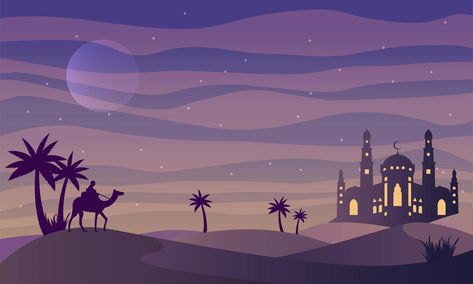 Man riding camel in desert night with mosque and moon background. Islamic concept, arabian desert landscape night view, silhouette vector illustration. Arabian Background, Arabian Aesthetic, Arabian Nights Theme Party, Arabian Nights Aesthetic, Desert Drawing, Arabian Nights Theme, Arabian Nights Party, Arabian Desert, Landscape Night