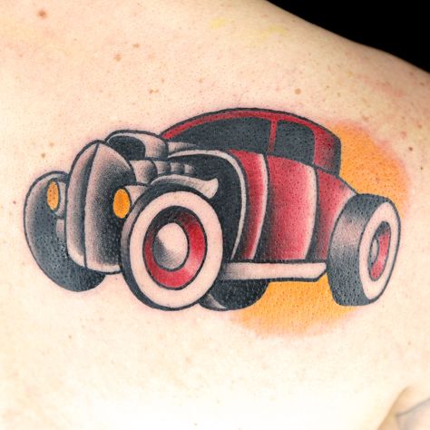 Traditional Hot Rod Tattoo, American Traditional Car Tattoo, Traditional Car Tattoo, Old School Car Tattoo, Vintage Car Tattoo, Tattoo Challenge, Chance Tattoo, Jason Tattoo, Hot Rod Tattoo