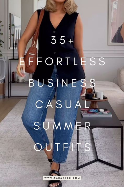 Looking for relaxed yet polished business casual outfit ideas to try this summer? You'll love this list of 35+ summer business casual outfits that are so versatile and stylish. Smart casual summer looks you can wear for work or every day. Casual office outfit ideas 2024. Middle Age Business Casual, Quick Office Outfit, Summer Casual Evening Outfits, Summer Outfits Semi Casual, Office Casual Outfits Women Midsize, Work Office Casual Outfit, Summer Jeans Office Outfit, Work Event Casual Outfit, Office Bbq Party Outfit