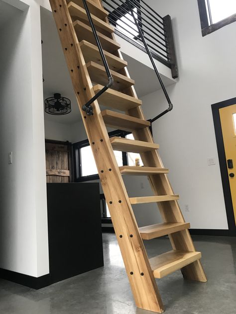 Industrial ladder, loft ladder, gas pipe ladders Loft Ladder Ideas, Ship Ladder, Space Saving Staircase, Loft Railing, Ladder Ideas, Asma Kat, Loft Staircase, Ladder Stairs, Stair Ladder