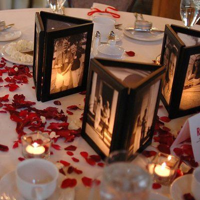 Photos Luminaries, Birthday Surprise For Mom, Picture Centerpieces, Photo Centerpieces, Cheap Wedding Table Centerpieces, Personalized Centerpieces, Graduation Party Table, Reunion Decorations, Lighted Centerpieces