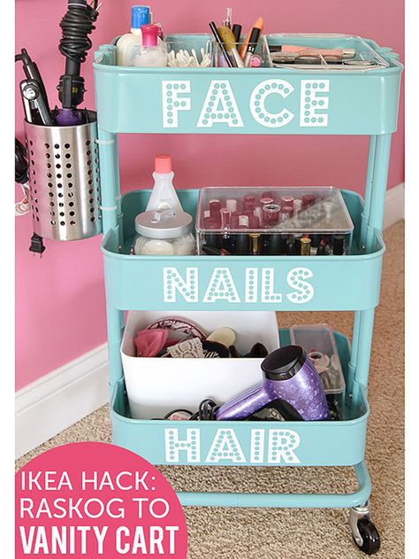 For an on-the-go option, consider incorporating something with wheels into your vanity. Vanity Cart, Raskog Ikea, Ikea Raskog, Face Nails, Hiasan Bilik Tidur, Ideas Para Organizar, Bilik Tidur, Hiasan Bilik, Hair Accesories