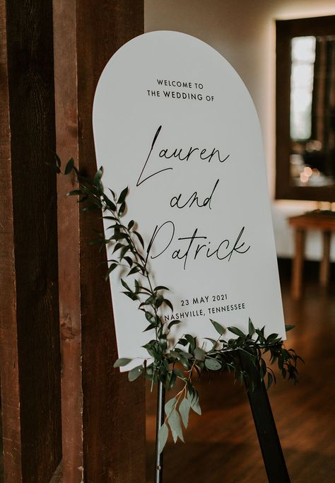 Arched Black and White Wedding Welcome Sign White Wedding Signs Entrance, Black Wedding Signs For Reception, Welcome Sign Weddings, Arch Welcome Board, White And Black Wedding Sign, Welcome Sign Greenery Wedding, Greenery Wedding Welcome Sign, White And Black Welcome Sign, Welcoming Sign For Wedding