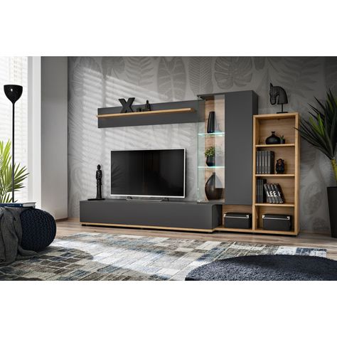 Tv Showcase Design, Grey Tv Unit, Tv Wall Shelves, Design Salon, Matching Furniture, Mobile Tv, Tv Wall Unit, Stylish Storage Solutions, Living Room Tv