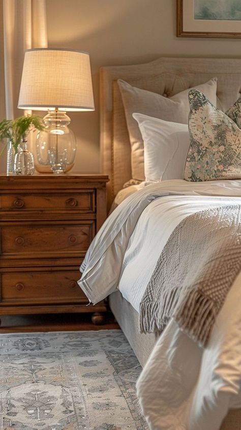 Serene and timeless bedroom retreat with classic wooden nightstand, white linens, decorative pillows, and warm ambiance Quiet Luxury Home, Clear Glass Lamp, Timeless Bedroom, Cozy Bedroom Colors, Made Bed, Clear Glass Lamps, Serene Bedroom, Bedroom Decor Cozy, Wooden Nightstand