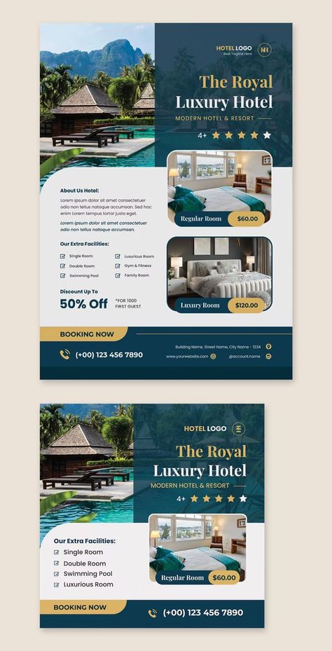 Luxury Hotel Blue Flyer & Instagram Post Template AI, EPS, PSD Hotel Flyer Design, Hotel Marketing Design, Poster Design Kids, Travel Brochure Design, Hotel Brochure, Corporate Fonts, Hotel Ads, Hotel Marketing, Real Estate Marketing Design