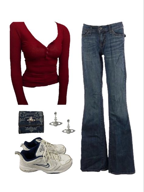 Low Waisted Jeans Outfit, Red Top Outfit, Vivienne Westwood Accessories, Low Rise Jeans Outfit, Y2k Outfit Inspo, 2000s Outfit, Summer Y2k, Outfits 2000s, Outfit Y2k