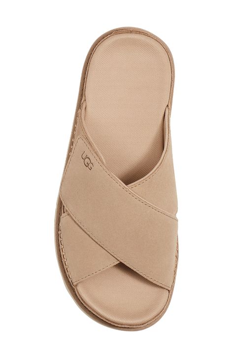 Crisscrossing suede straps top a slide sandal built with a grippy sole that can be worn in or out of the house. 1 1/2" heel; 1 1/4" platform (size 8.5) Flat sole Leather upper/recycled polyester lining/synthetic sole Imported Ugg Sandals Outfit Ideas, Ugg Sandals Outfit, Ugg Sandals, Ladies Slides, Sandals Outfit, Fancy Shoes, Strap Tops, Sandal Women, Sandals Summer