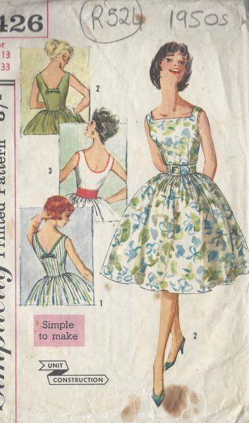 1950s-Vintage-Sewing-Pattern-DRESS-B33-R524-251151040536 Vintage Sewing Patterns Illustration, 1950s Dress Patterns Free, Easy Vintage Sewing Patterns, Vintage Dresses Drawing, Vintage Dress Patterns Free, 1950s Womens Fashion, Vintage Dress Patterns 1950s, 1950s Sundress, 1950s Circle Skirt