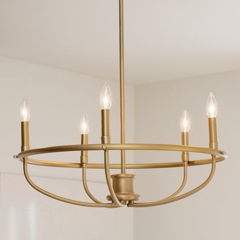 Gold Chandelier Simple, Gold Transitional Chandelier, Circle Table Light Fixture, Brass Mid Century Chandelier, Ceiling Light Chandelier, Black And Gold Dining Room Light Fixture, Spanish Modern Lighting, Brushed Brass Chandelier, Modern Colonial Light Fixtures