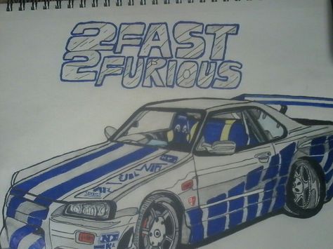 Nissan Skyline GTR R34 from the movie 2 Fast 2 Furious Fast And Furious Car Sketch, Fast And Furious Canvas Painting, Fast And Furious Drawings Easy, Fast And Furious Sketch, Fast And Furious Cars Drawing, Fast And Furious Drawings, Nissan Skyline R34 Drawing, Fast And Furious Cars, Nissan Skyline Gtr R34