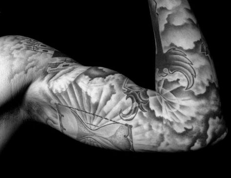 #cloud #tattoo #tattoos #ideas #designs #men #formen #menstattooideas Spiritual Half Sleeve Tattoo, Detailed Tattoo For Men, Arm Shading, Cloud Filler Tattoo Backgrounds, Shaded Tattoos, Tattoo Clouds, Filler Designs, Men Background, Cloud Tattoos