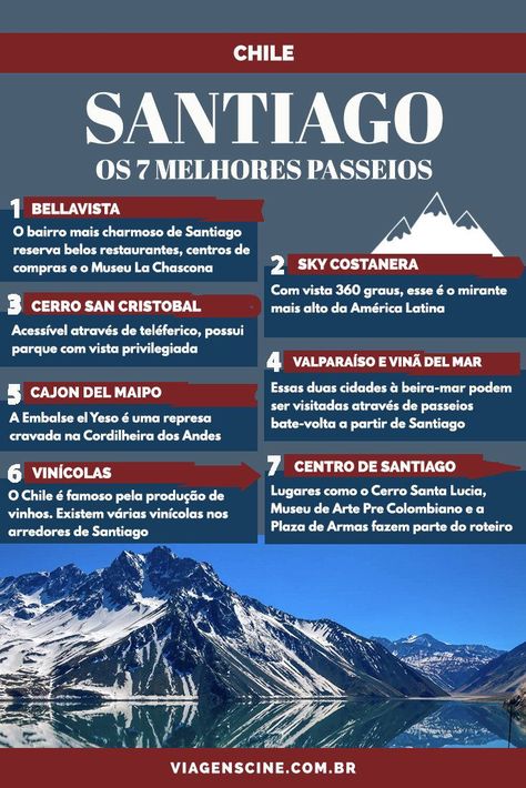 O que fazer em Santiago do Chile: Roteiro de Viagem e Melhores Passeios e Pontos Turísticos #Santiago #Chile #SantiagodoChile #Viagem #Infografico #DicasdeViagem Bucket Lists, Belem, Mexico Bucket List, Vina Del Mar, Mexico Travel Destinations, Chile Travel, Santiago Chile, Travel Checklist, South America Travel