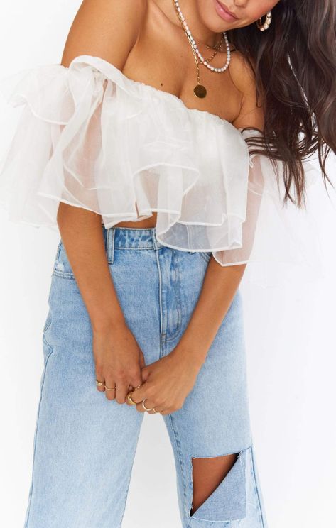 Rossella Ruffle Top White Organza, Tops Blouses by Show Me Your MuMu | LIT Boutique Knot Skirt, Ruffled Crop Top, White Ruffle Top, Organza Top, Cute Workout Outfits, Crop Top Dress, Ruffle Crop Top, Tie Crop Top, Organza Fabric