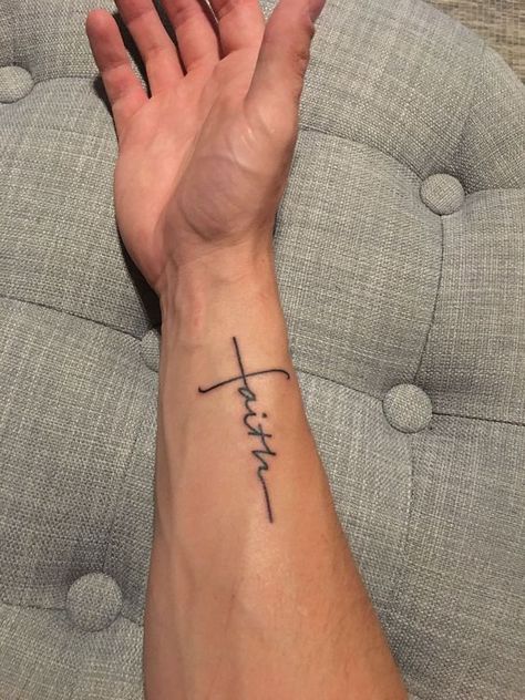 Faith Cross Tattoos, Faith Tattoo Designs, Hals Tattoo Mann, Faith Tattoos, Tato Salib, Wörter Tattoos, Simple Tattoos For Guys, Hand Meaning, Small Forearm Tattoos