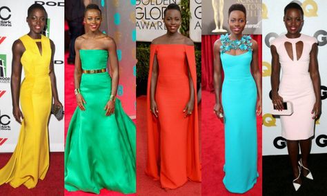 lupita color inspiration Neon Prom Dresses, Fashion Figure Templates, Lupita Nyong'o, Strapless Prom Dress, Fashion Figures, Pageant Dress, Brown Girl, Black Lace Dress, The Shade