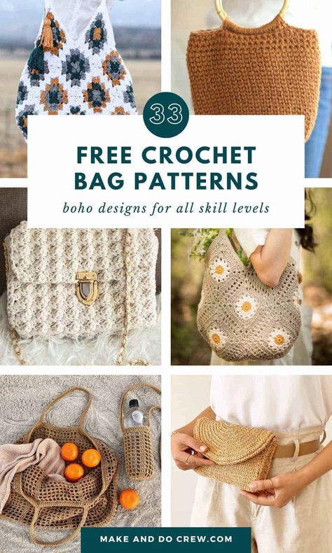 Discover the best modern crochet bag patterns for beginners in this collection curated by Make and Do Crew. Featuring everything from trendy boho bags to practical market tote bags and sling bags. You'll find tons of detailed crochet bag tutorials that guide you through creating stylish accessories like fanny packs, beach bags, and elegant clutches. Whether you prefer small crochet purses or large, edgy crochet bucket bags, there's a pattern for you. | Crochet Handbags Amigurumi Patterns, Quick Crochet Market Bag, Free Crochet Bucket Bag Pattern, Crocheted Bag Pattern, Sling Bag Crochet Pattern, Crochet Bag Pattern Diagram, Boho Crochet Bag Pattern, Free Trendy Crochet Patterns, Crochet Bags Patterns Free