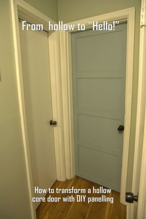 How To Improve Interior Doors, Plain Door To Paneled Door, Old Door Remodel, Bedroom Door Transformation, Diy Door Transformation, Add Trim To Hollow Core Door, Add Molding To Door, Hollow Core Doors Makeover, Painting Flat Doors